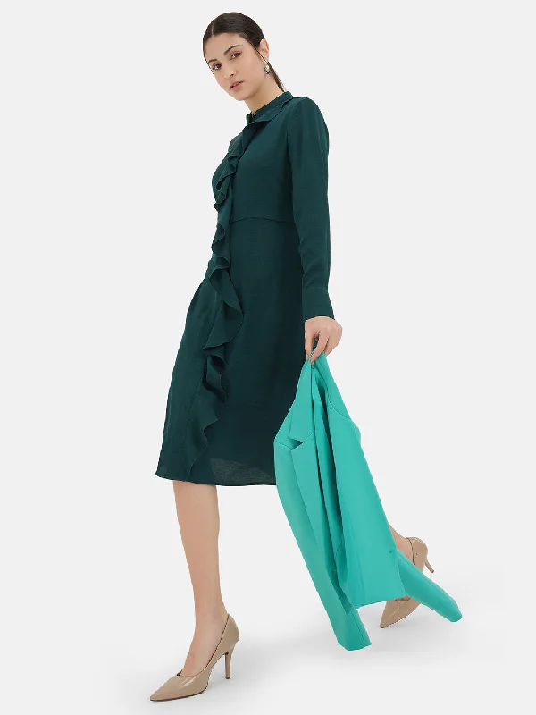 Midi Dresses with Button Front -Frilled Shirt Dress