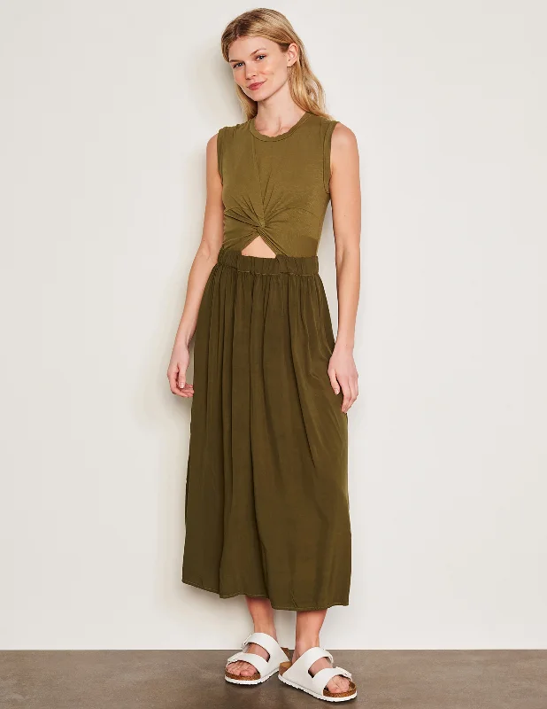 Midi Dresses in Striped Pattern -Sundry Midi Mixed Media Dress in Olive