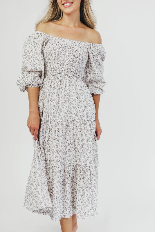 Midi Dresses in Abstract Print -Taylor Cotton Smocked Midi Dress with Tiered Skirt in Off-White (XS-XL)