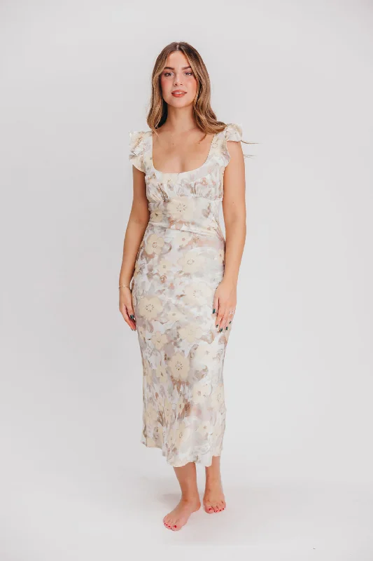 Midi Dresses for City Nights -Pisa Floral Chiffon Midi Dress with Ruffle Shoulder in Champagne