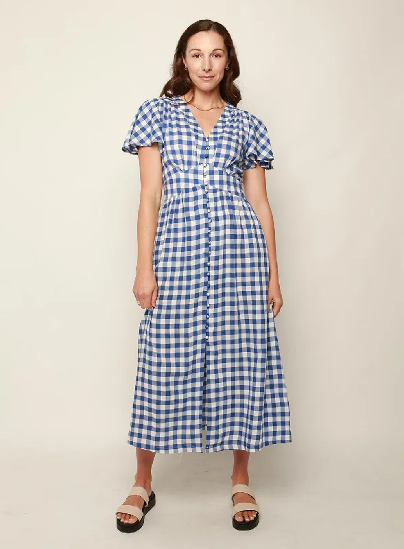 Midi Dresses for Graduation -Connie Gingham Midi Dress-BLUE