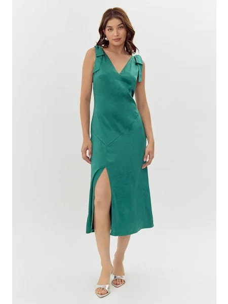 Midi Dresses with Pleated Front -Indira Tie Shoulder Midi Dress