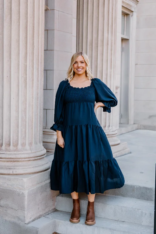 Midi Dresses with Bow Edge -Henley Tiered Midi Dress | Navy