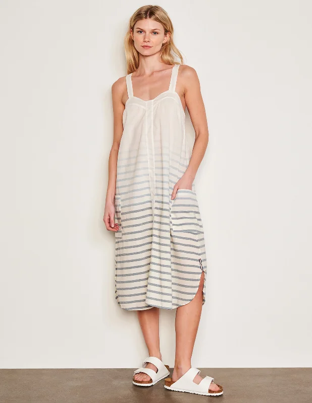 Midi Dresses with One Shoulder -Sundry Changing Tide Stripe Midi Apron Dress in Deep Navy