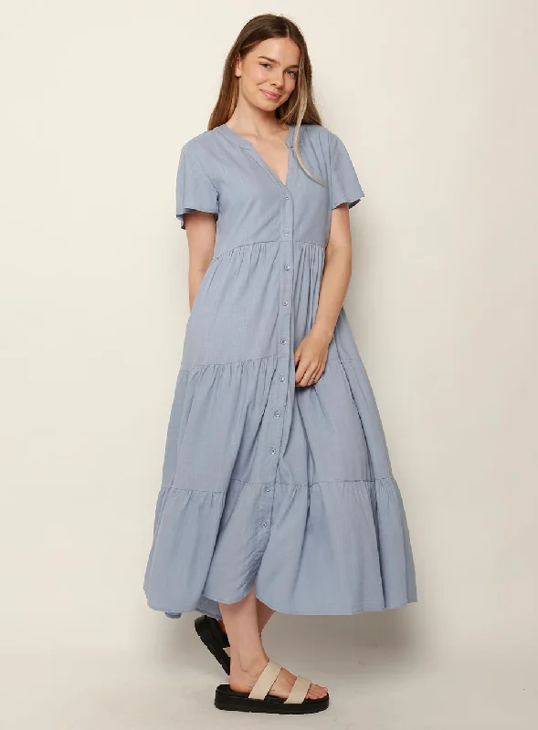 Midi Dresses for Beach Wedding -Katie Tiered Midi Dress-BLUE