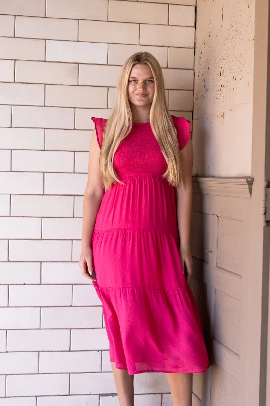 Red Midi Dresses for Holiday -Krysta Smocked Tiered Midi Dress | Fuchsia