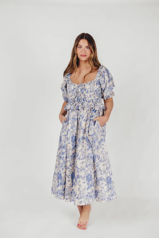 Midi Dresses in Soft Knit -Annabelle Toile Print Midi Dress in Blue