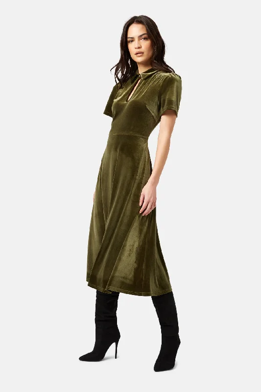 Midi Dresses for Night Fun -Traffic People  Never Say Goodbye Peep Midi Velvet Dress-Green-NSG12545018