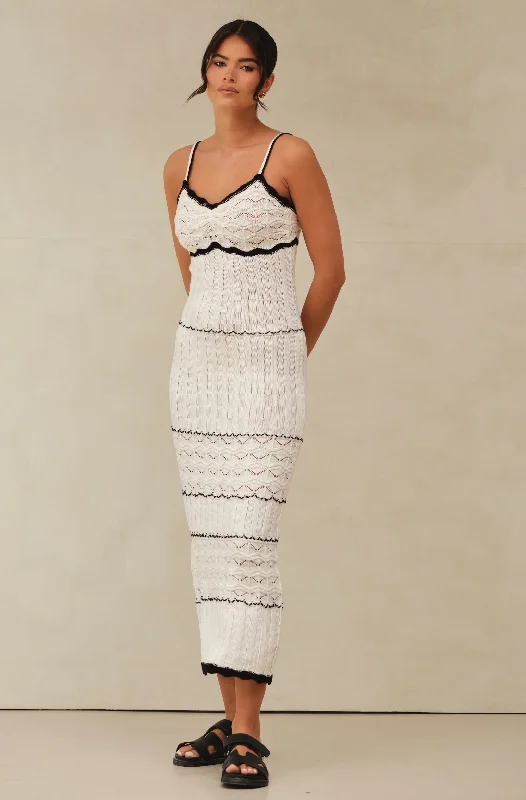 Midi Dresses with Lace Overlay -Miranda Midi Knitted Dress  White & Black