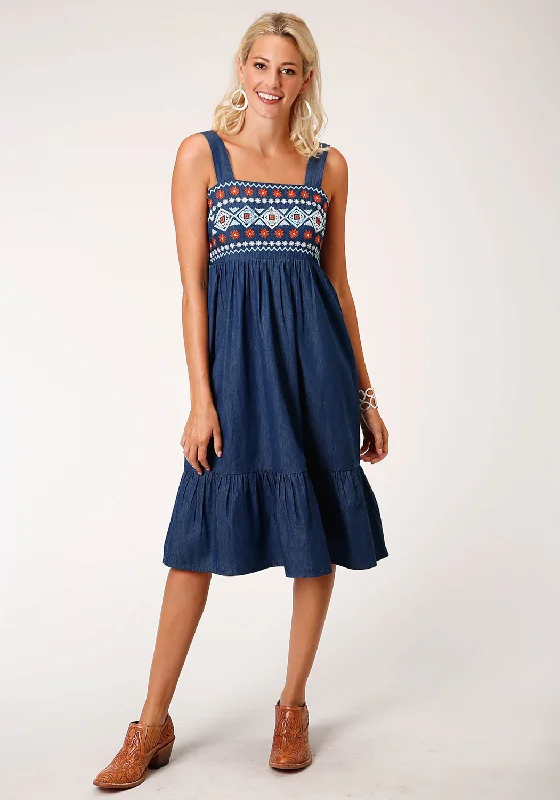 Midi Dresses in Wild Hues -Roper Womens Indigo Blue 100% Cotton Midi Length S/L Dress