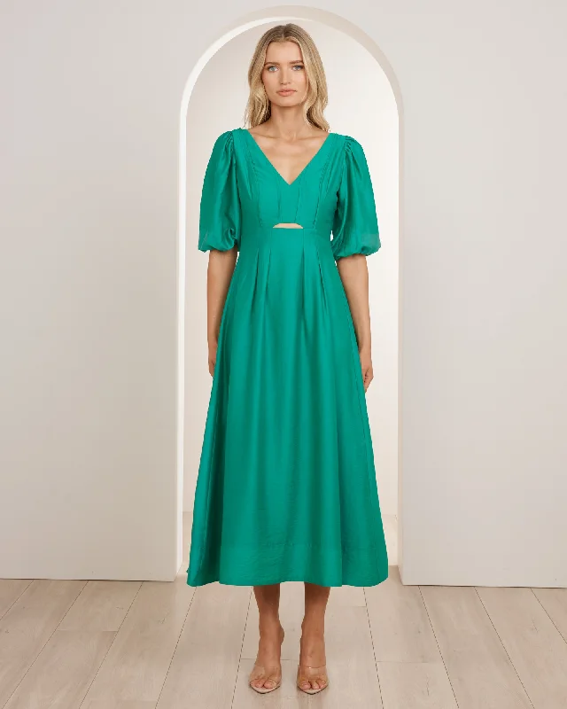 Midi Dresses with Curved Edge -Clio Puff Sleeve Midi Dress