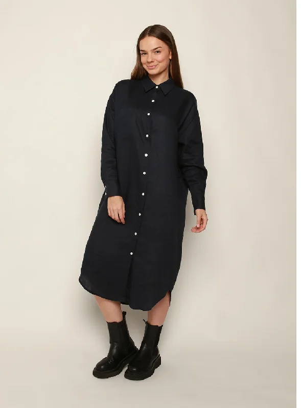 Midi Dresses for Fashion Events -Fiona Midi Linen Dress-NAVY