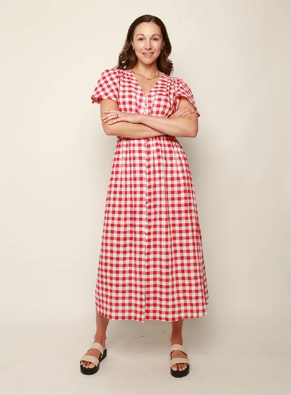 Midi Dresses for Evening Wear -Connie Gingham Midi Dress-RED