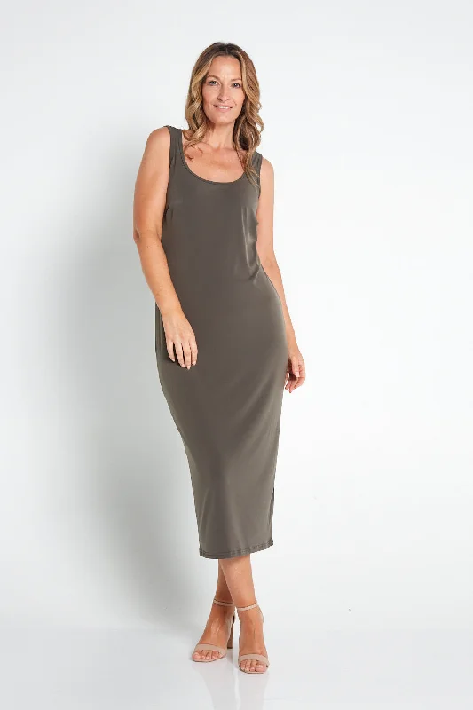 Midi Dresses with Beaded Details -Amy Midi Stretch Slip - Khaki