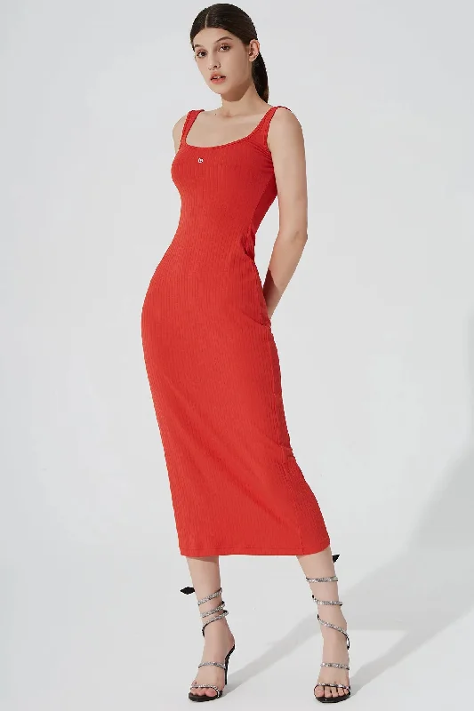 Midi Dresses with Pleated Hem -Kyan Midi Dress - Scarlet