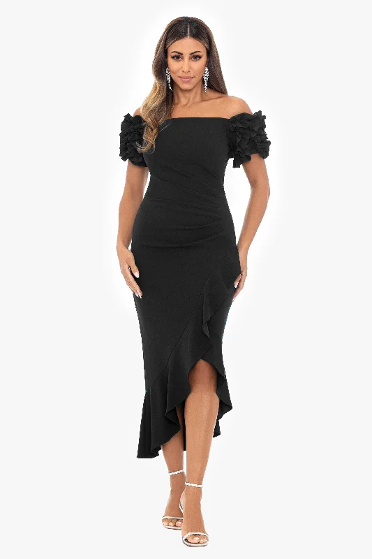 Midi Dresses for Work Events -Petite "Loretta" Scuba Crepe Off the Shoulder Ruffle Sleeve Midi Dress