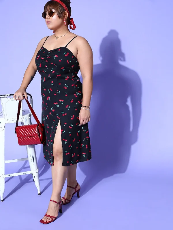 Midi Dresses with Cowl Neck -Berrylush Women Plus Size Navy Blue Cherry Printed Sweetheart Neck Ruched Sheath Midi Dress