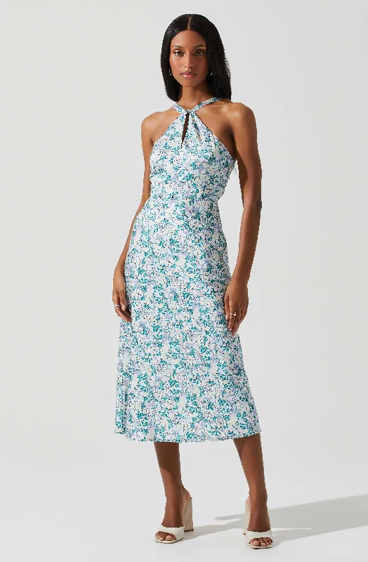 Midi Dresses with Bell Hem -Sandrine Floral Halter Midi Dress