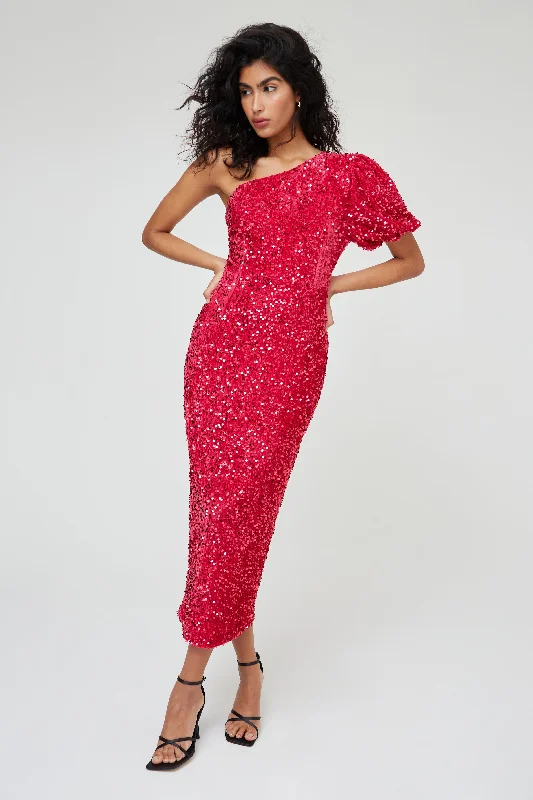 Midi Dresses with Fit and Flare -SEQUIN ONE SHOULDER MIDI DRESS