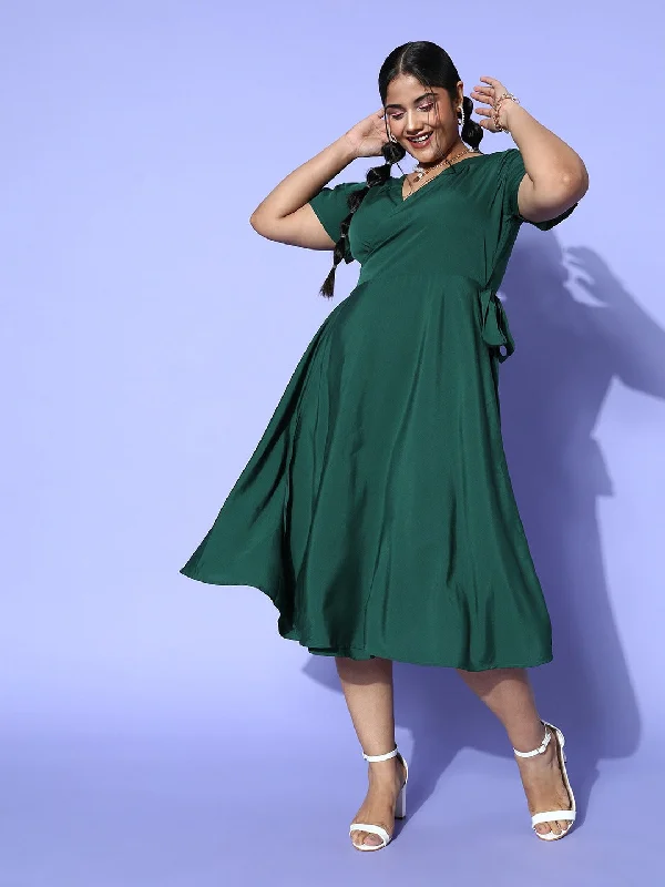 Midi Dresses in Shimmer Fabric -Berrylush Women Plus Size Solid Green V-Neck Slit Sleeve Waist Tie-Up Crepe Flared Wrap Midi Dress