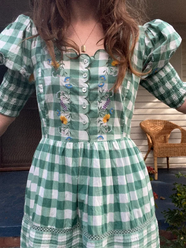 Midi Dresses for Sunset Drinks -100% RECYCLED COTTON - AUGUSTINE MIDI DRESS GREEN GINGHAM GARDEN