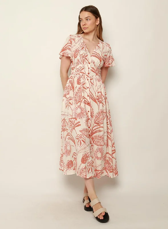 Midi Dresses in Vintage Style -Patricia Print Midi Dress-TAN