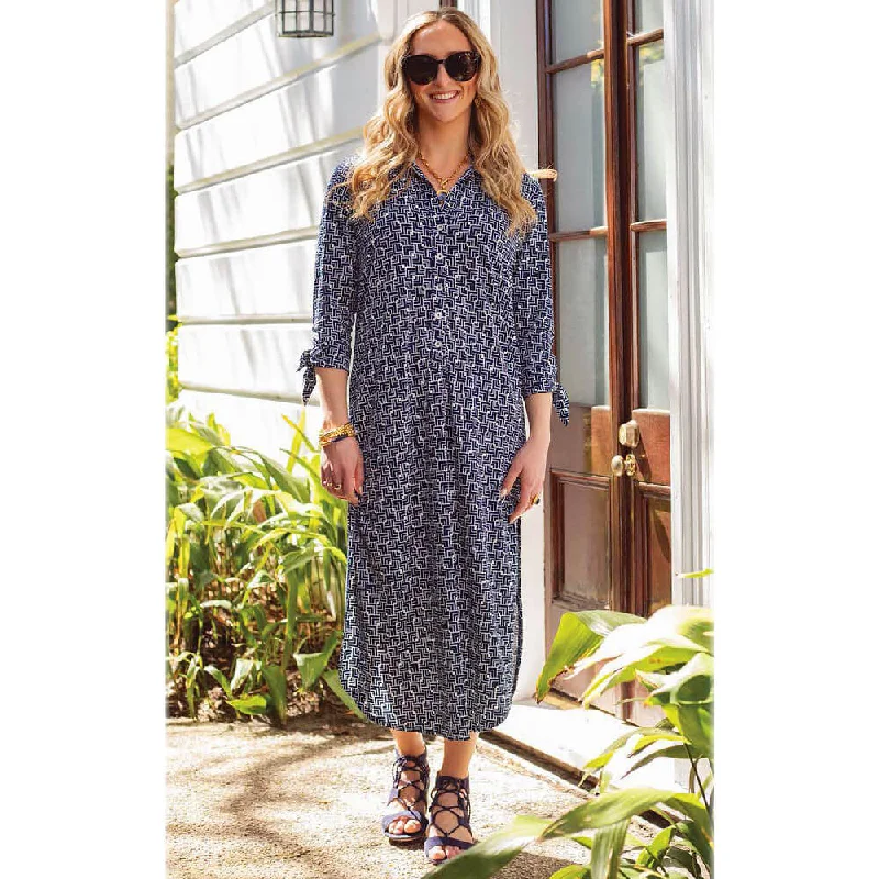 Midi Dresses with Mock Neck -La Mer Luxe Hailey 3/4 Sleeve Midi Dress - Navy/White Sevilla