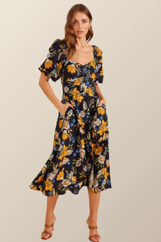 Midi Dresses with Gathered Hem -MINKPINK Womens Laurene Midi Dress - Black Floral