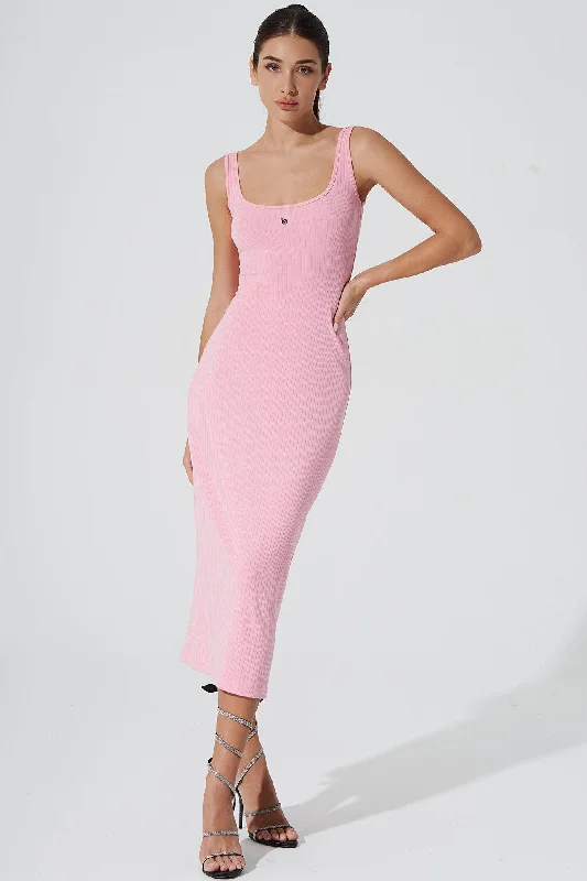 Midi Dresses with Tie Neck -Kyan Midi Dress - Baby Pink