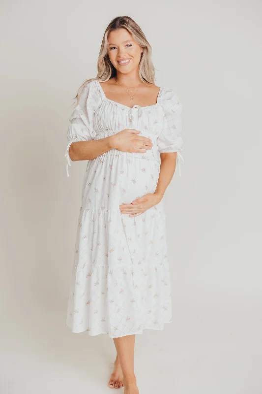 Midi Dresses for Picnic Date -Positano Puffed Sleeve Midi Dress in White Floral - Bump Friendly