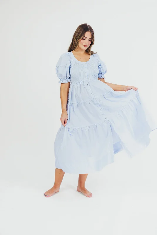 Midi Dresses with Bell Sleeves -Lane Combination Midi Dress in Blue - Bump & Nursing Friendly