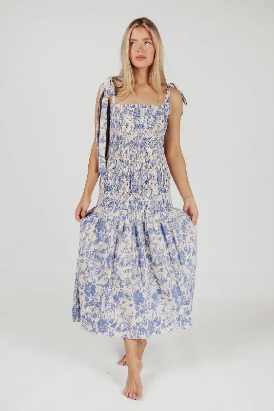 Midi Dresses for Day Party -Marianne Toile Print Midi Dress with Smocking and Tie Accents in Blue - Bump Friendly