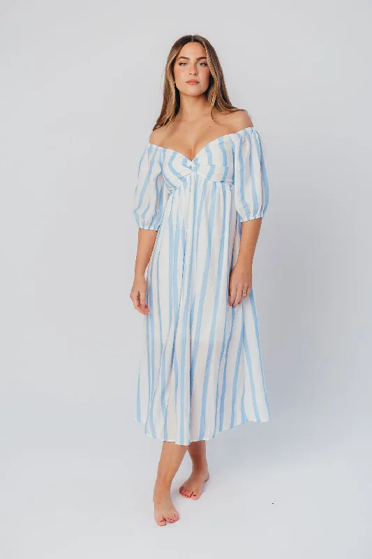 Midi Dresses for Spring Events -Clara Puffed Sleeve Midi Dress with Twisted Bodice in Cloud