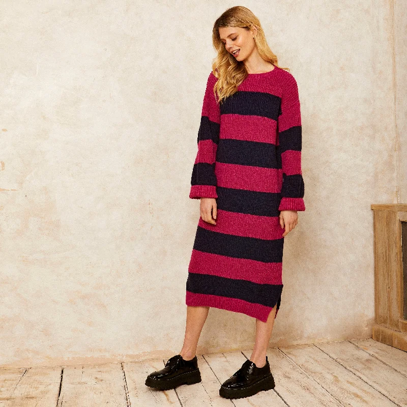 Midi Dresses with Flared Hem -Antonia Chunky Stripe Midi Dress - Navy