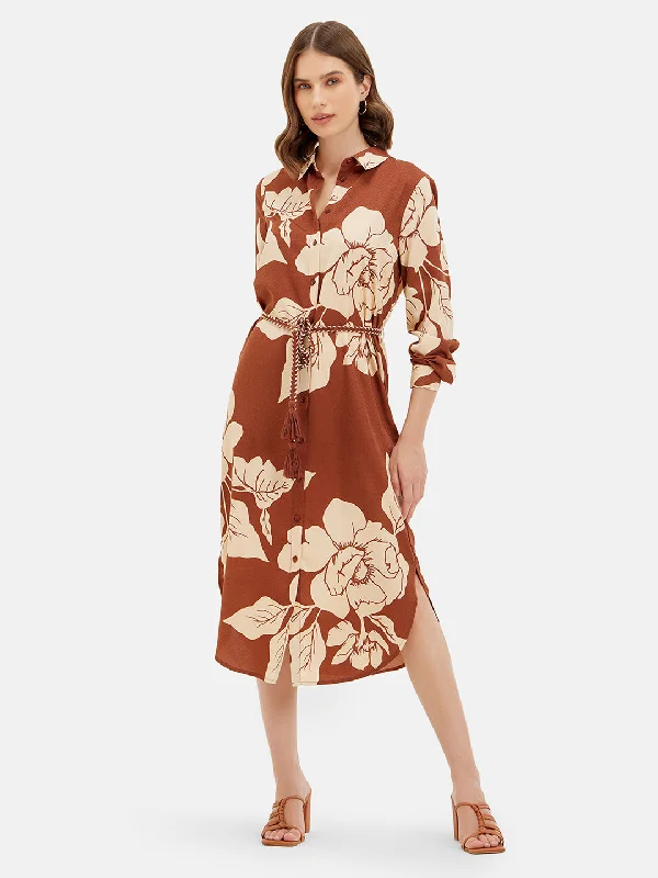 Midi Dresses for Small Party -Full Sleeve Shirt Dress W Cord Belt