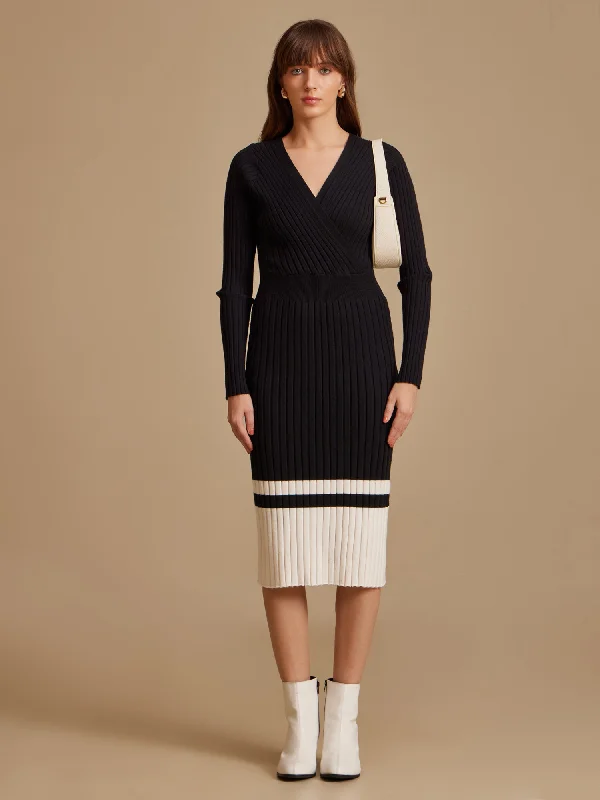 Midi Dresses for Fun Party -Wrap Midi Dress With Colourblock Hem