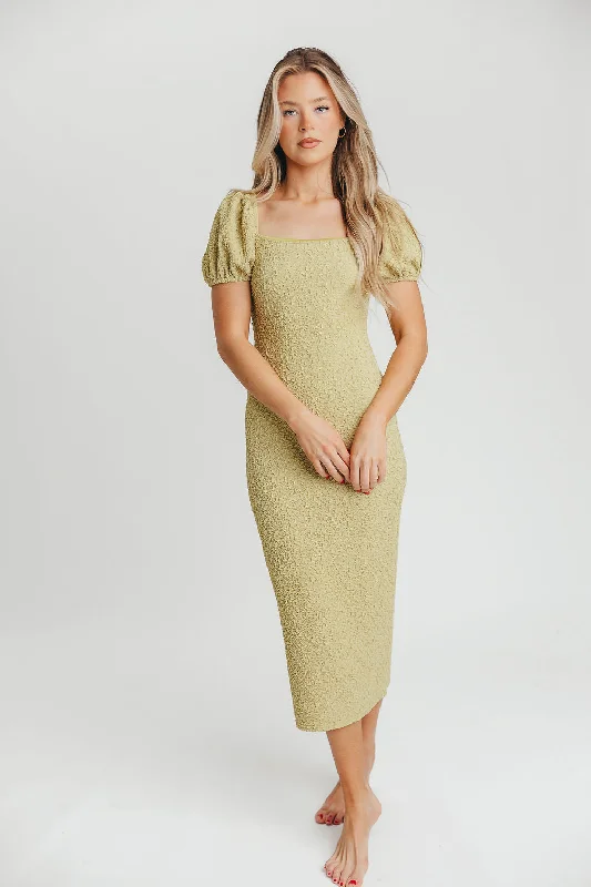 Midi Dresses in Glitter Finish -Mila Puffed Sleeve Midi Dress in Lime