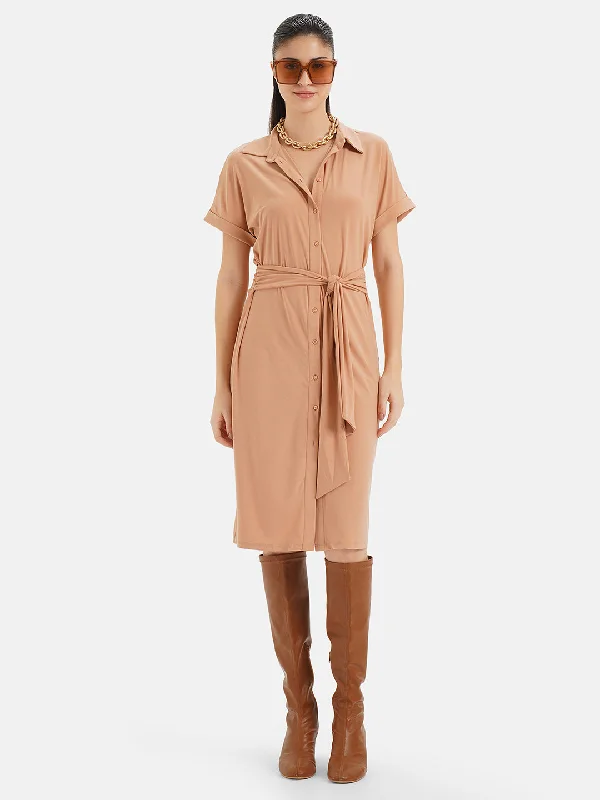 Pink Midi Dresses for Party -Shirt Dress With Belt