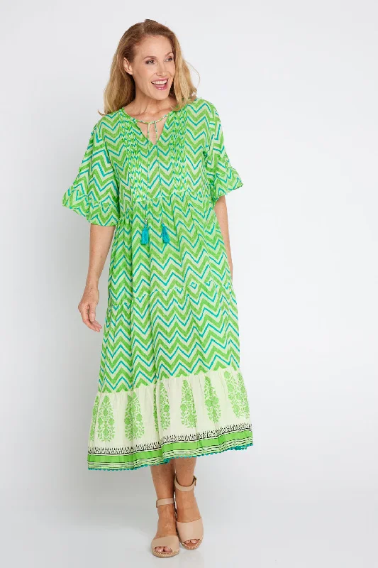 Midi Dresses with Belted Waist -Alex Midi Dress - Lime Zigzag