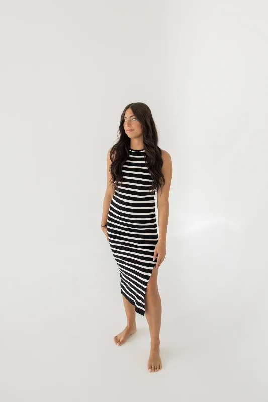 Midi Dresses in Blue Satin -Isla Striped Midi Dress | Black/White