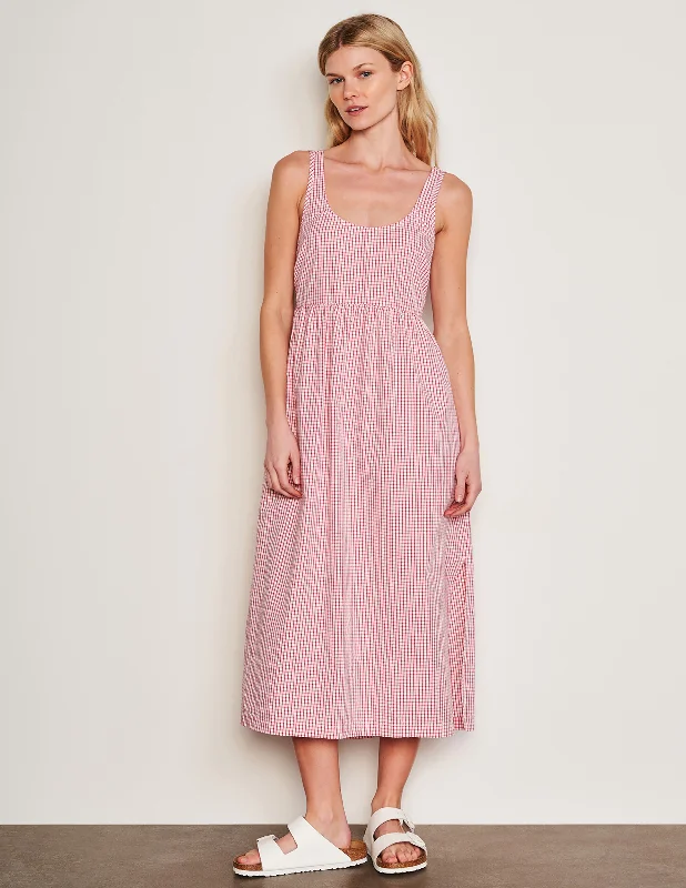 Midi Dresses in Lightweight Material -Sundry Beachside Check Midi Tie Back Dress in Optic White