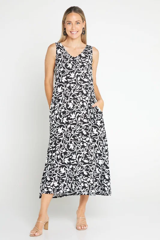 Midi Dresses for Bridesmaids -Sienna Sleeveless Midi Dress - Black Floral Flourish