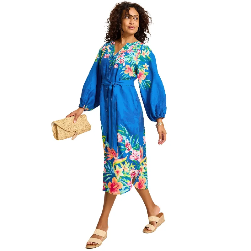 Midi Dresses for Picnic Date -Tommy Bahama Women's Topi-Flore Midi Shirt Linen Dress - Cobalt Sea