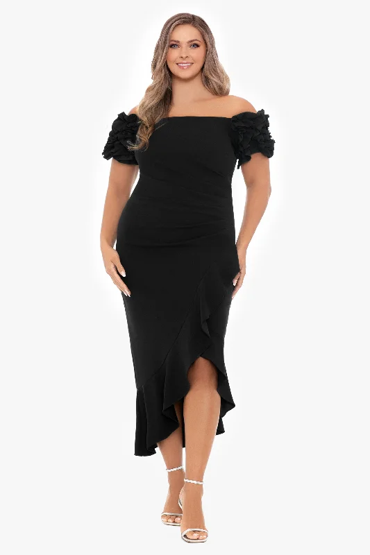 Midi Dresses for Summer Nights -Plus "Loretta" Scuba Crepe Off the Shoulder Ruffle Sleeve Midi Dress