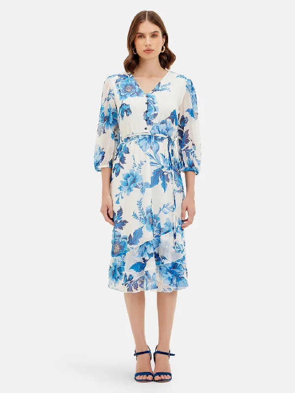 Midi Dresses with Lace Front -Amelia Printed Tie-Up Midi Dress