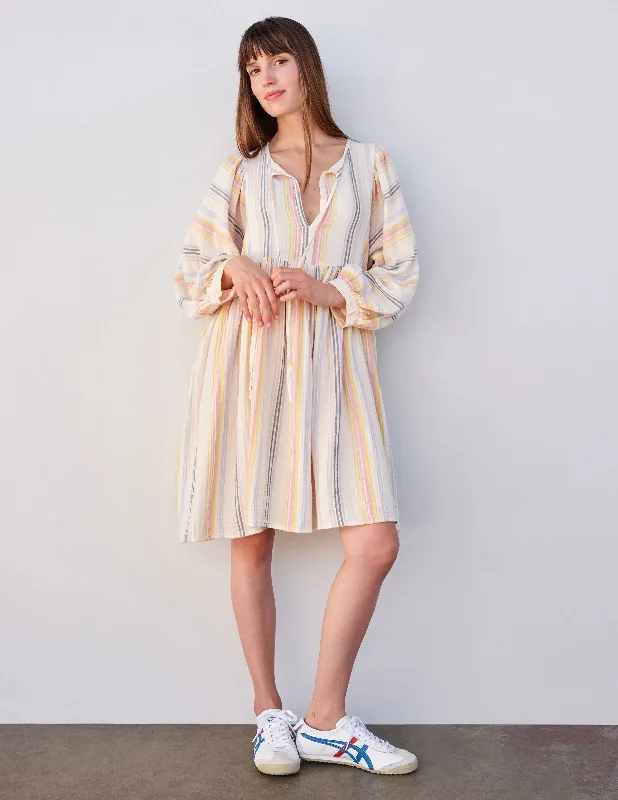 Midi Dresses for Concerts -Sundry Midi Blouson Sleeve Dress in Cream/Multi Stripes