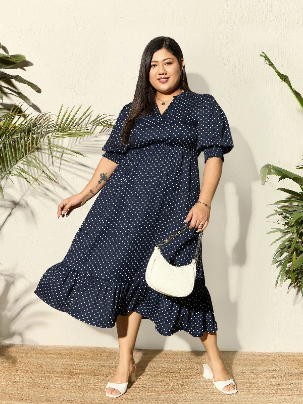 Midi Dresses in Earth Tones -Berrylush Curve Women Navy Blue & White Polka Dot Printed Mandarin Collar Neck Crepe Pleated Fit & Flare Midi Dress