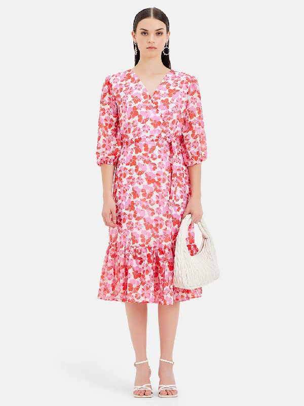 Midi Dresses for Small Chill -Floral Puff Sleeves Midi Dress