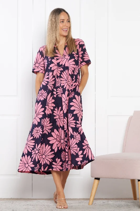 Midi Dresses for Picnic Date -Edmonton Midi Dress - Navy Pink Floral