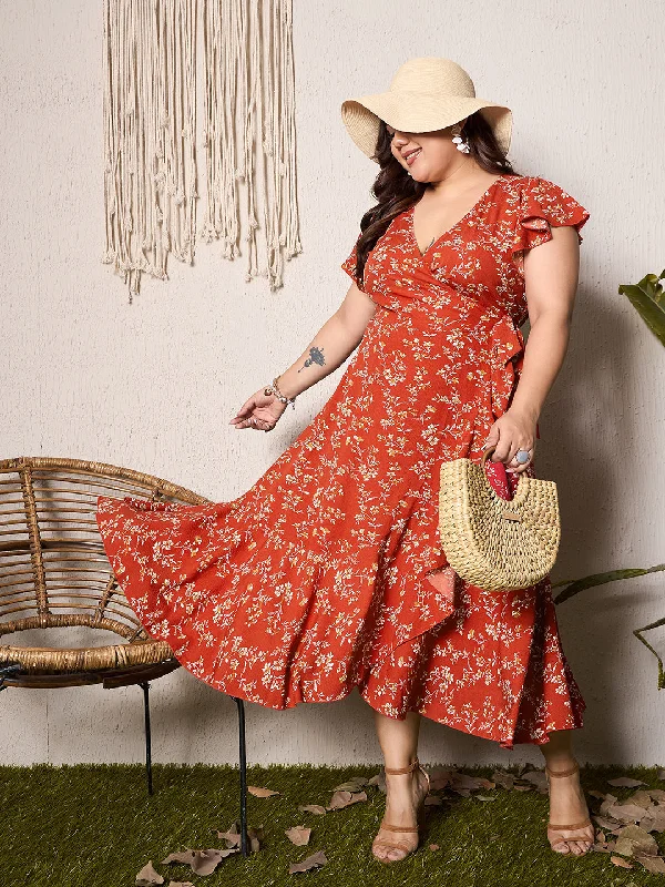 Midi Dresses with Gathered Waist -Berrylush Curve Women Red & White Floral Printed V-Neck Flutter Sleeves Wrap Ruffled Midi Dress